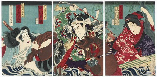 Riding Through a Flood by Toyohara Kunichika